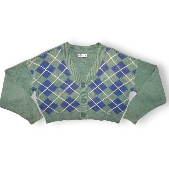 Y2k Hollister Argyle Knit Green/Blue Slight Crop Cardigan Sweater Size Medium - Picture 2 of 14